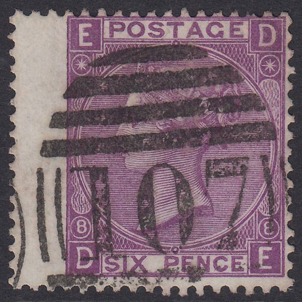 GB QV 1869 6d Dull Violet Pl 8 SG108-J76(1) DE FU Bradford 107 Wing Margin